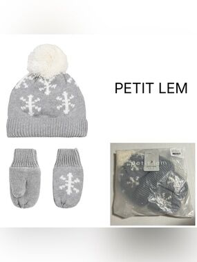 PETIT LEM - 6-12M - NWT - INFANT KNIT GREY / WHITE SNOWFLAKE HAT & MITTENS SET